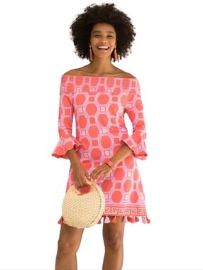 Cabana Life Coral Geo Off-Shoulder Dress Tassel Hem Size M UPF 50+ Beachy Resort